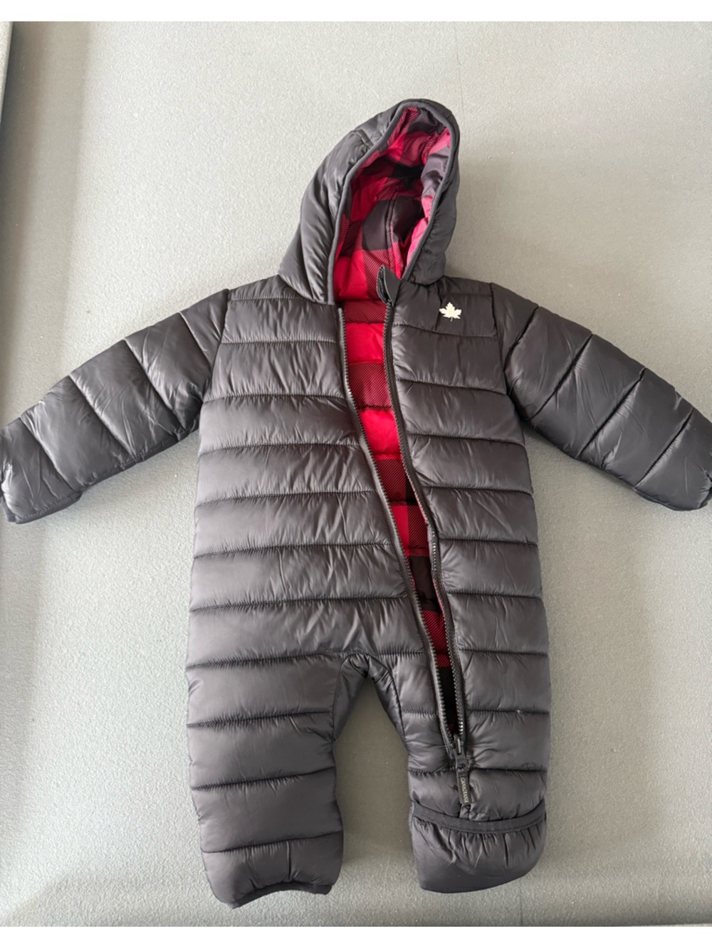 Reversible Baby Black Puffer onesie with Red Plaid Lining 0-6 months